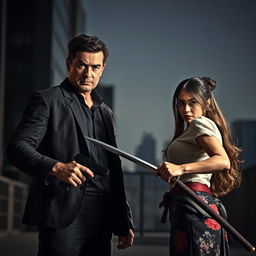A tense standoff between a husband and wife, both ready for battle