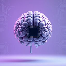 An artistic representation of a split human brain gradually transforming into a computer chip, showcasing the melding of human intellect and artificial intelligence