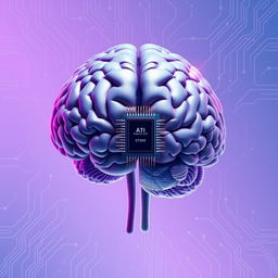 An artistic representation of a split human brain gradually transforming into a computer chip, showcasing the melding of human intellect and artificial intelligence