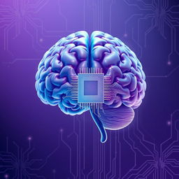 An artistic representation of a split human brain gradually transforming into a computer chip, showcasing the melding of human intellect and artificial intelligence