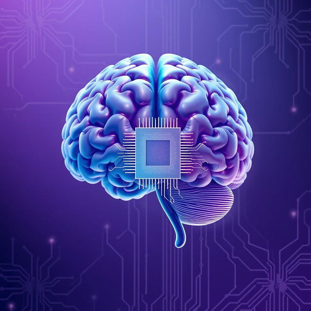 An artistic representation of a split human brain gradually transforming into a computer chip, showcasing the melding of human intellect and artificial intelligence