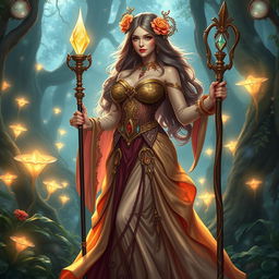 A stunning fantasy priestess with a big ass and huge breasts, clad in an opulent, flowing gown that highlights her curves