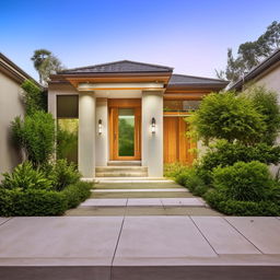 An elegant and aesthetically pleasing house with meticulous architectural detailing and beautifully designed front yard.