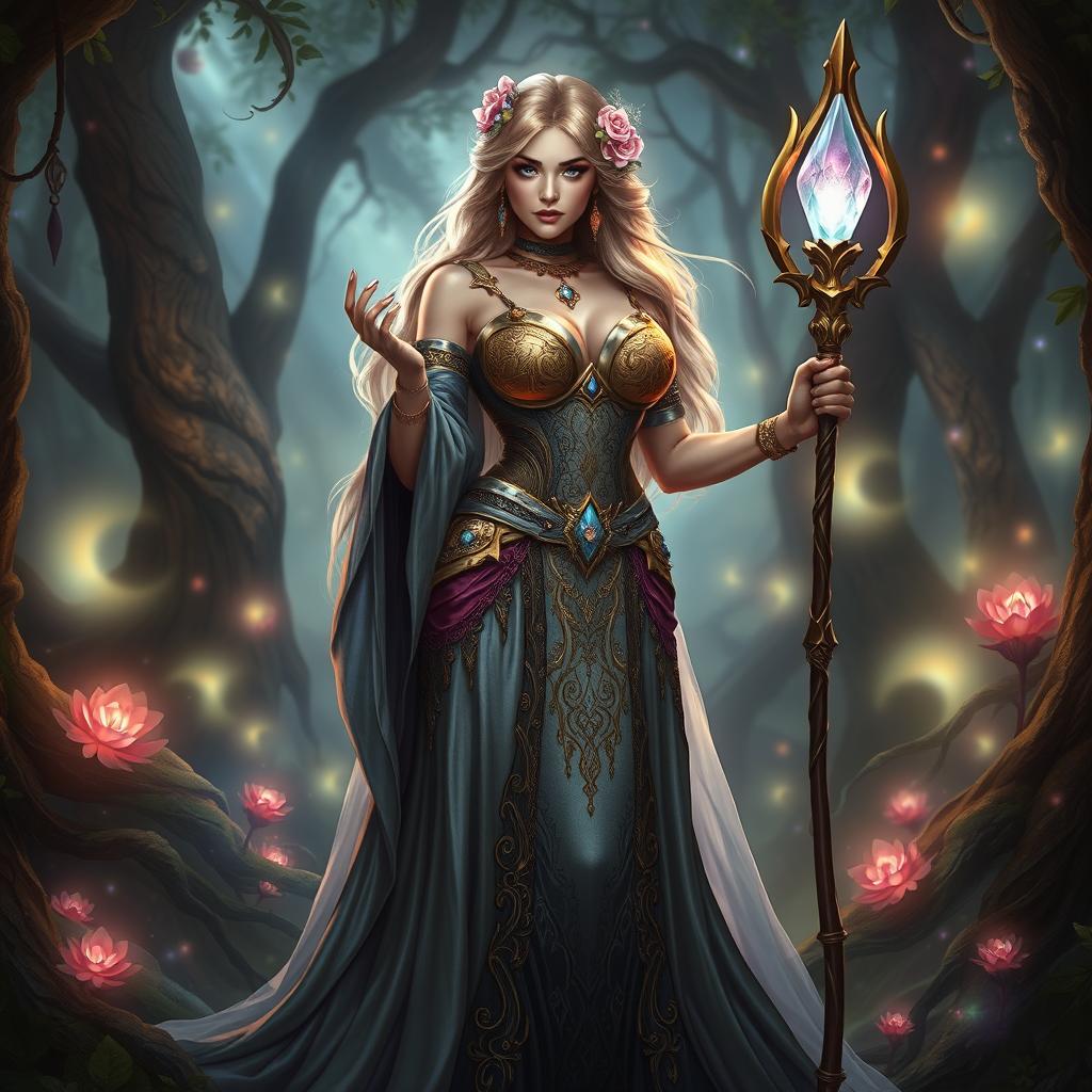 A stunning fantasy priestess with a big ass and huge breasts, clad in an opulent, flowing gown that highlights her curves