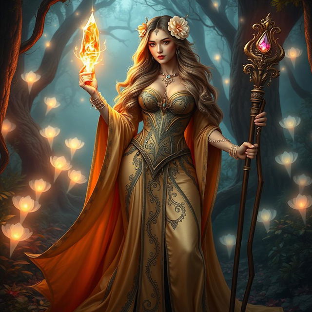 A stunning fantasy priestess with a big ass and huge breasts, clad in an opulent, flowing gown that highlights her curves