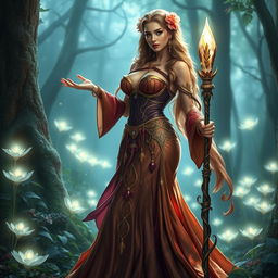 A stunning fantasy priestess with a big ass and huge breasts, clad in an opulent, flowing gown that highlights her curves
