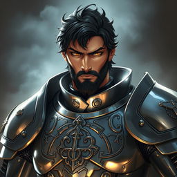 Um homem imponente com armadura de prata brilhante, representando o estilo anime