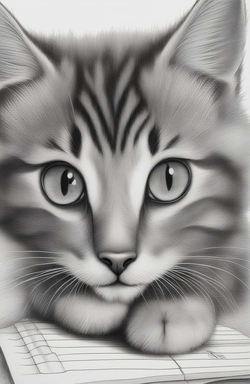 A high-quality pencil sketch of a cute kitten on lined paper