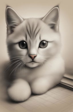 A high-quality pencil sketch of a cute kitten on lined paper