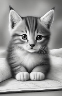 A high-quality pencil sketch of a cute kitten on lined paper