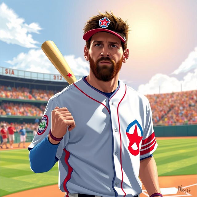 A digital illustration of Lionel Messi dressed in the iconic baseball uniform of Matanzas, Cuba