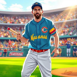 A digital illustration of Lionel Messi dressed in the iconic baseball uniform of Matanzas, Cuba