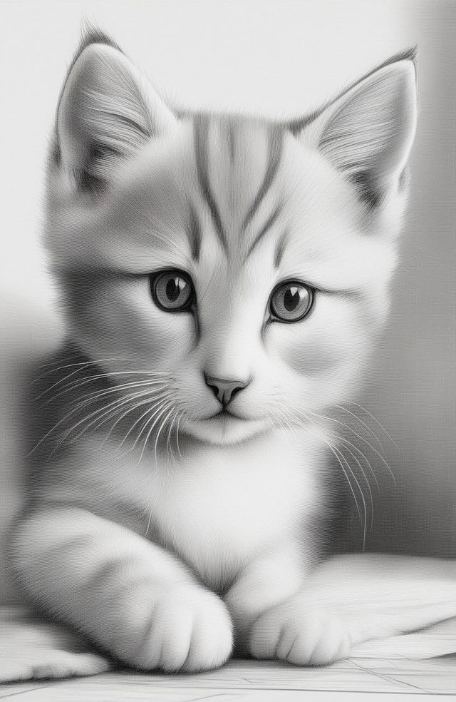 A high-quality pencil sketch of a cute kitten on lined paper