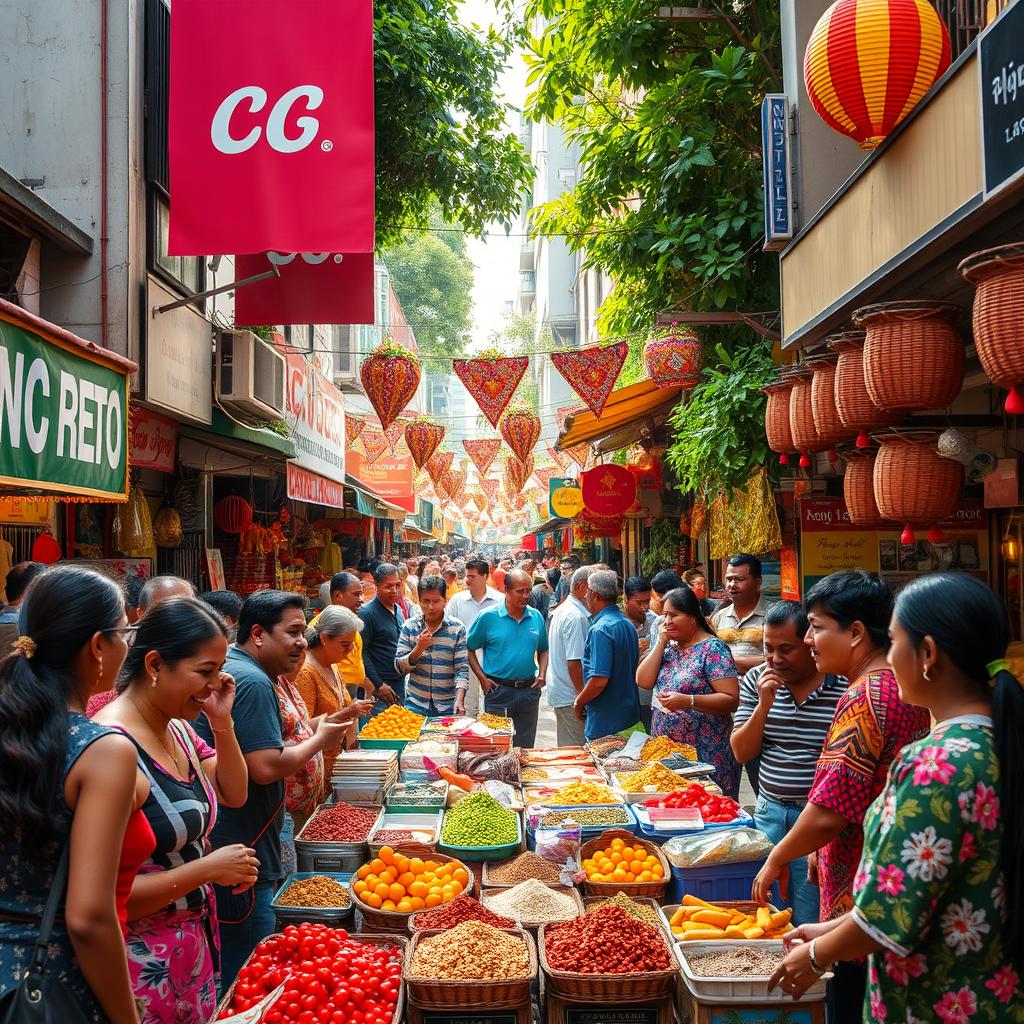 A bustling urban scene showcasing a vibrant street market filled with colorful stalls and vendors selling exotic fruits, spices, and handmade crafts