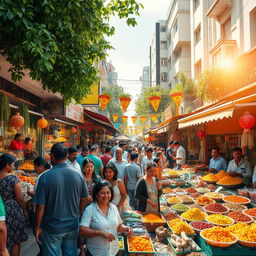 A bustling urban scene showcasing a vibrant street market filled with colorful stalls and vendors selling exotic fruits, spices, and handmade crafts