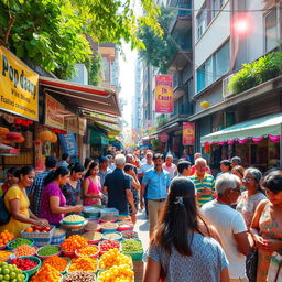 A bustling urban scene showcasing a vibrant street market filled with colorful stalls and vendors selling exotic fruits, spices, and handmade crafts