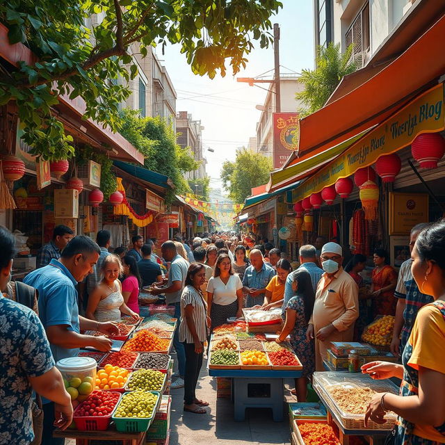 A bustling urban scene showcasing a vibrant street market filled with colorful stalls and vendors selling exotic fruits, spices, and handmade crafts