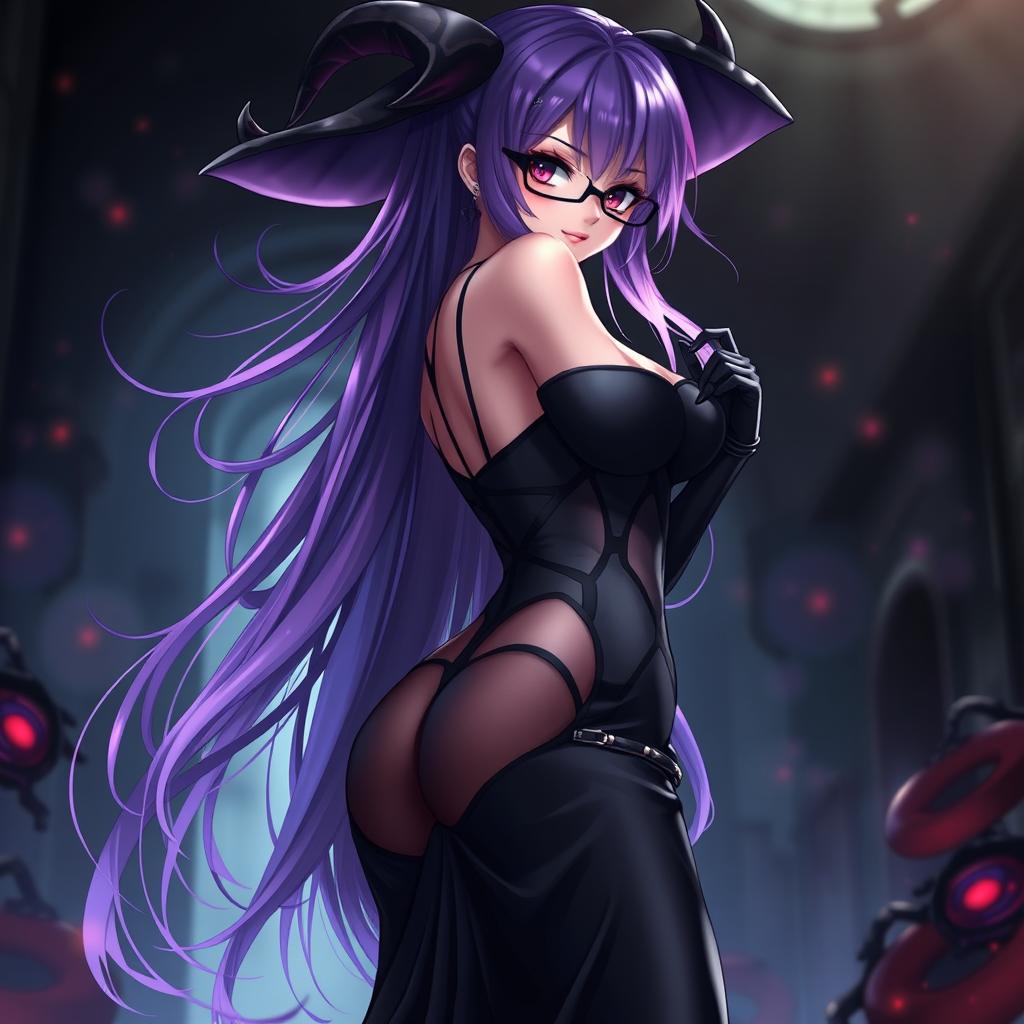 A sexy demonic anime girl witch with long, flowing purple hair that cascades elegantly down her back, framed by stylish glasses that highlight her enchanting eyes