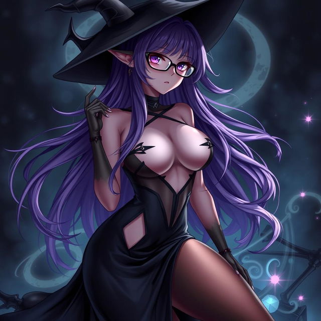 A sexy demonic anime girl witch with long, flowing purple hair that cascades elegantly down her back, framed by stylish glasses that highlight her enchanting eyes