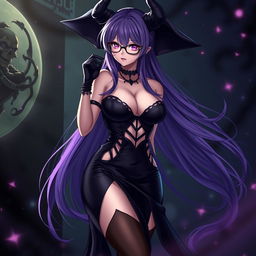 A sexy demonic anime girl witch with long, flowing purple hair that cascades elegantly down her back, framed by stylish glasses that highlight her enchanting eyes
