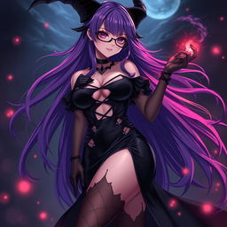 A sexy demonic anime girl witch with long, flowing purple hair that cascades elegantly down her back, framed by stylish glasses that highlight her enchanting eyes