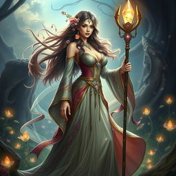 A captivating fantasy priestess with a big ass and huge breasts, gracefully adorned in an elaborate gown that flows elegantly around her figure