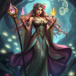 A captivating fantasy priestess with a big ass and huge breasts, gracefully adorned in an elaborate gown that flows elegantly around her figure