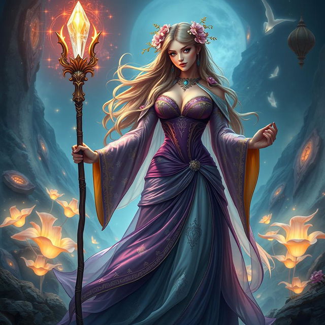 A captivating fantasy priestess with a big ass and huge breasts, gracefully adorned in an elaborate gown that flows elegantly around her figure