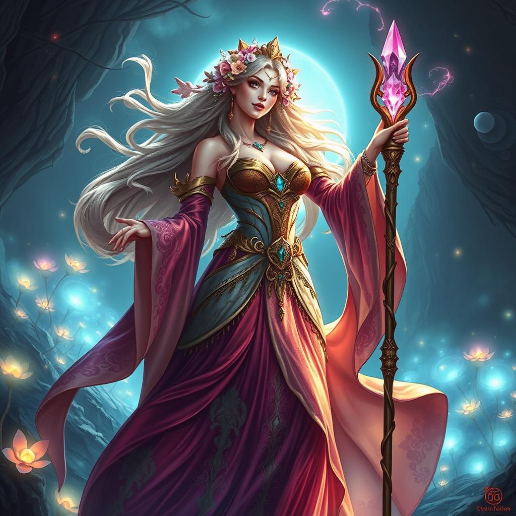 A captivating fantasy priestess with a big ass and huge breasts, gracefully adorned in an elaborate gown that flows elegantly around her figure