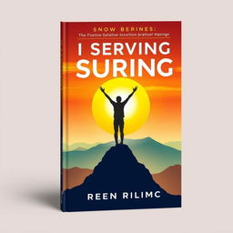 A book cover design featuring an inspiring sunrise in the background symbolizing new beginnings and hope, with a silhouette of a person standing triumphantly at the peak of a hill, arms raised in celebration