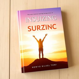 A book cover design featuring an inspiring sunrise in the background symbolizing new beginnings and hope, with a silhouette of a person standing triumphantly at the peak of a hill, arms raised in celebration
