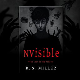 A dark and minimalist book cover featuring a young adult with schizophrenia drawing macabre and terrifying images