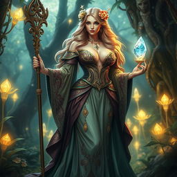 A stunning fantasy priestess with a big ass and huge breasts, clad in an opulent, flowing gown that highlights her curves