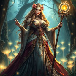 A stunning fantasy priestess with a big ass and huge breasts, clad in an opulent, flowing gown that highlights her curves