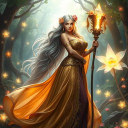 A stunning fantasy priestess with a big ass and huge breasts, clad in an opulent, flowing gown that highlights her curves