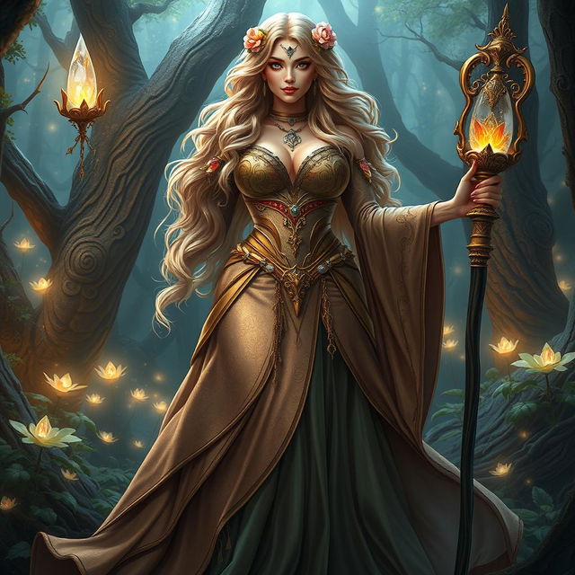 A stunning fantasy priestess with a big ass and huge breasts, clad in an opulent, flowing gown that highlights her curves
