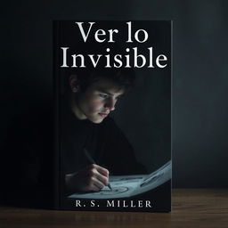 A minimalist and dark book cover featuring a young adult with schizophrenia, focused intently on drawing eerie and horrifying images