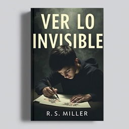 A minimalist and dark book cover featuring a young adult with schizophrenia, focused intently on drawing eerie and horrifying images