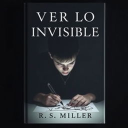 A minimalist and dark book cover featuring a young adult with schizophrenia, focused intently on drawing eerie and horrifying images