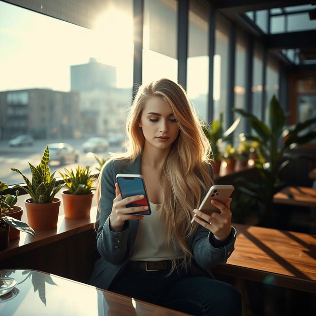 A sleek and stylish young woman sitting at a trendy café, using an iPhone, with a backdrop of modern cityscape