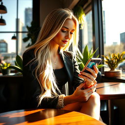 A sleek and stylish young woman sitting at a trendy café, using an iPhone, with a backdrop of modern cityscape