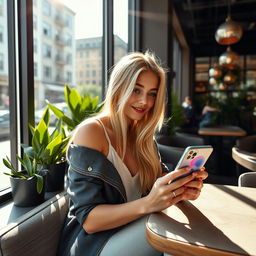 A sleek and stylish young woman sitting at a trendy café, using an iPhone, with a backdrop of modern cityscape
