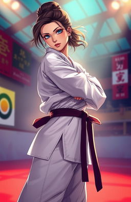 A captivating illustration of a female judoka in a striking pose that blends the strength of judo with feminine elegance, wearing a beautifully designed judogi that is subtly adorned to highlight her femininity, her hair elegantly styled, showing confidence and grace