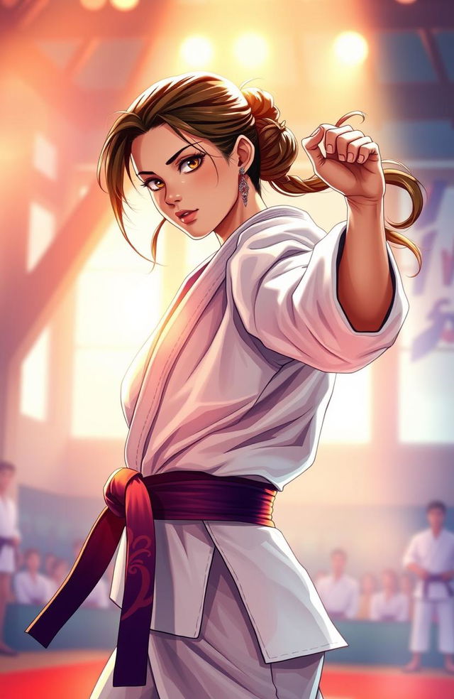 A captivating illustration of a female judoka in a striking pose that blends the strength of judo with feminine elegance, wearing a beautifully designed judogi that is subtly adorned to highlight her femininity, her hair elegantly styled, showing confidence and grace