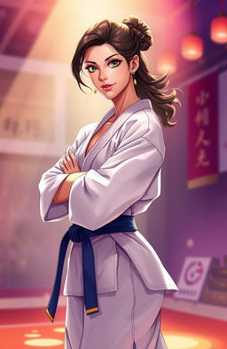 A captivating illustration of a female judoka in a striking pose that blends the strength of judo with feminine elegance, wearing a beautifully designed judogi that is subtly adorned to highlight her femininity, her hair elegantly styled, showing confidence and grace