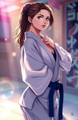 A captivating illustration of a female judoka in a striking pose that blends the strength of judo with feminine elegance, wearing a beautifully designed judogi that is subtly adorned to highlight her femininity, her hair elegantly styled, showing confidence and grace