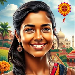 A portrait of a person with a warm and inviting expression, featuring a hairstyle with dark, flowing hair