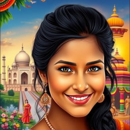 A portrait of a person with a warm and inviting expression, featuring a hairstyle with dark, flowing hair