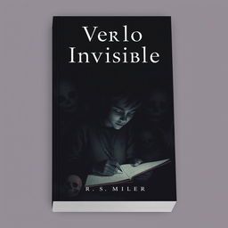 A minimalist and dark book cover featuring a young adult deeply immersed in drawing eerie and macabre images
