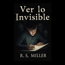 A minimalist and dark book cover featuring a young adult deeply immersed in drawing eerie and macabre images